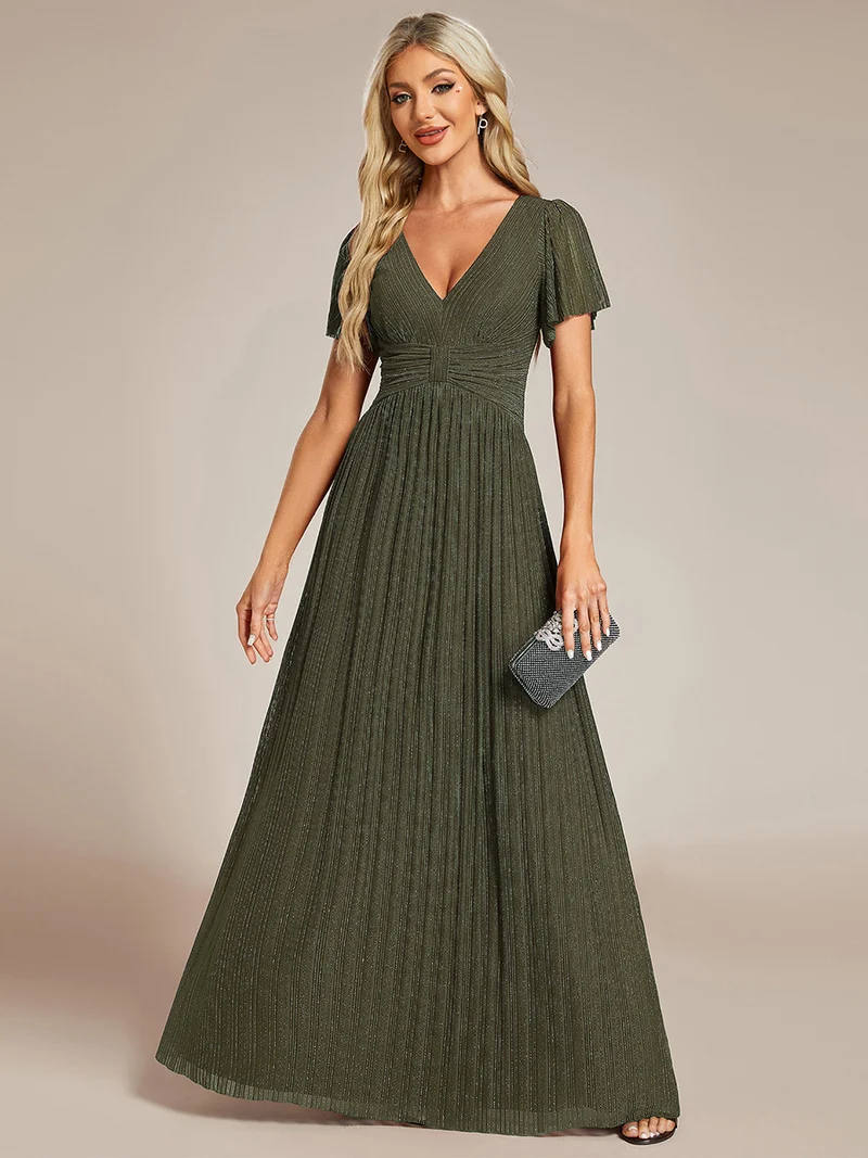 ever DAPHNE|Robe de soirée formelle scintillante à manches courtes et col en V