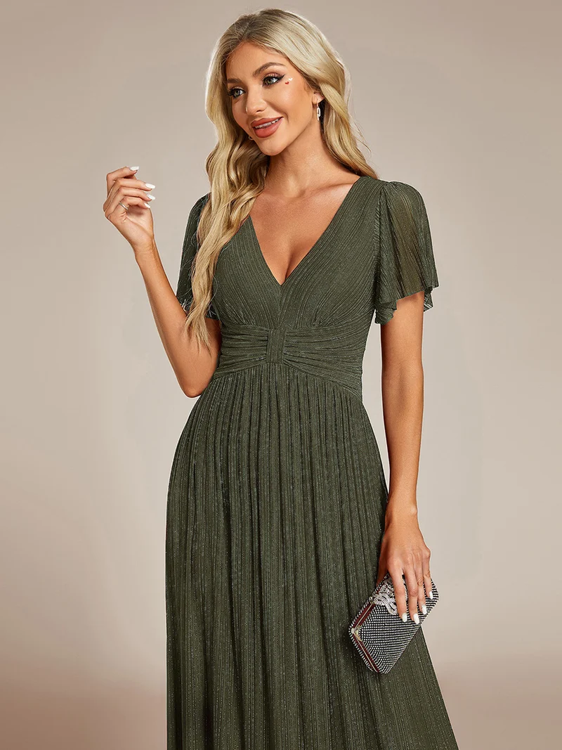 ever DAPHNE|Robe de soirée formelle scintillante à manches courtes et col en V