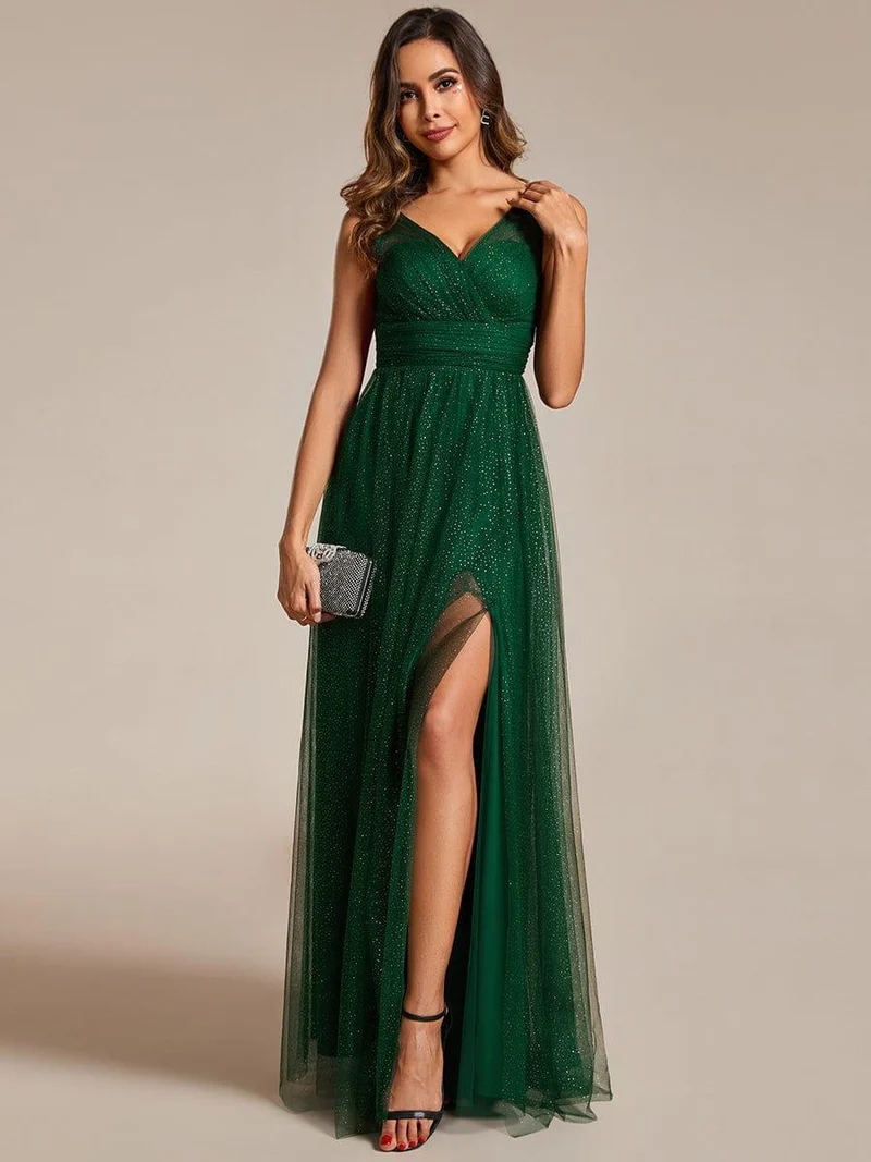 Robe de demoiselle d'honneur scintillante taille haute et fente avec col en V