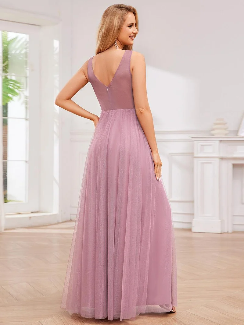 Robe de demoiselle d'honneur scintillante taille haute et fente avec col en V