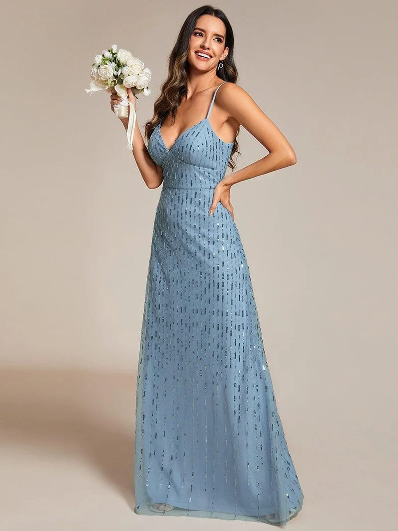 Robe de soirée taille haute à col en V profond et à paillettes ornée de bretelles spaghetti(Vente finale)