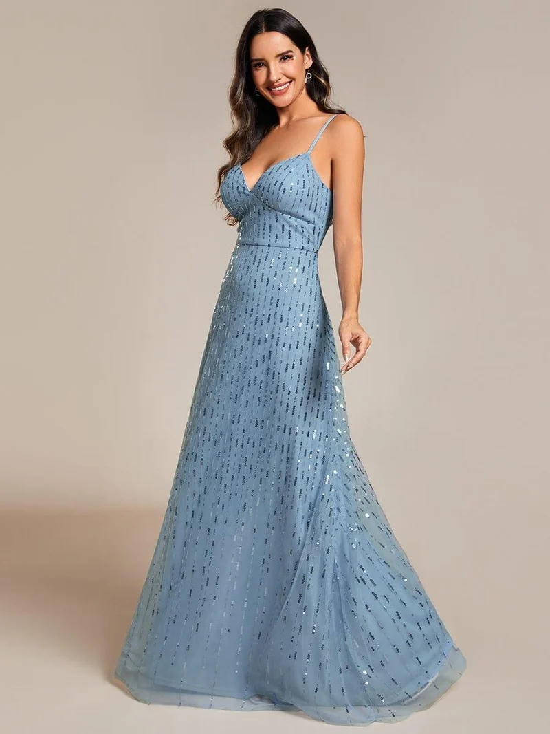 Robe de soirée taille haute à col en V profond et à paillettes ornée de bretelles spaghetti(Vente finale)