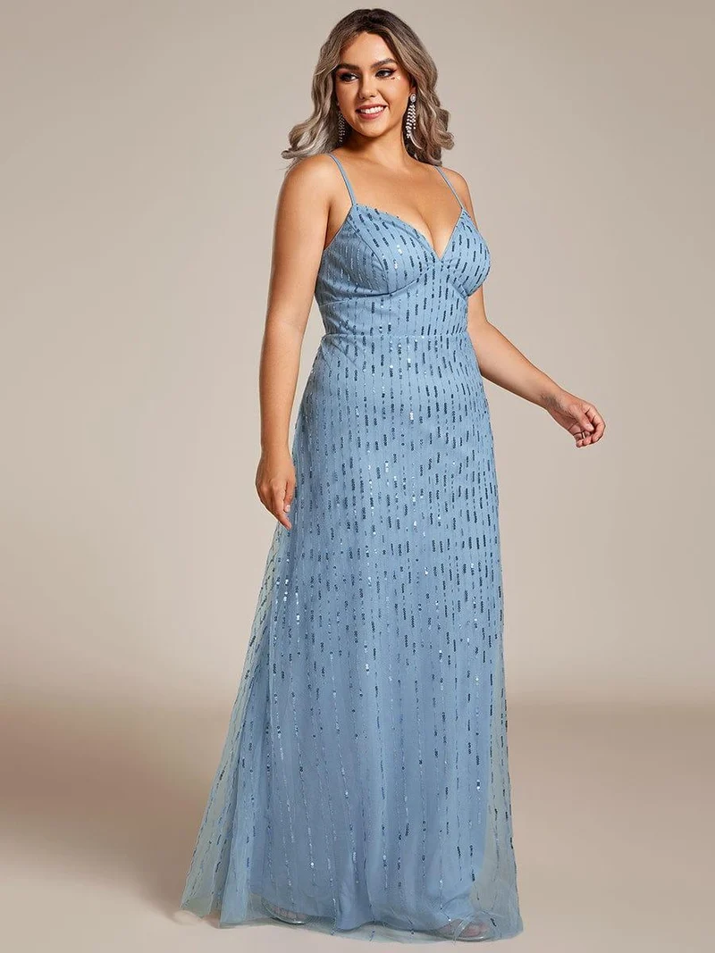 Robe de soirée taille haute à col en V profond et à paillettes ornée de bretelles spaghetti(Vente finale)