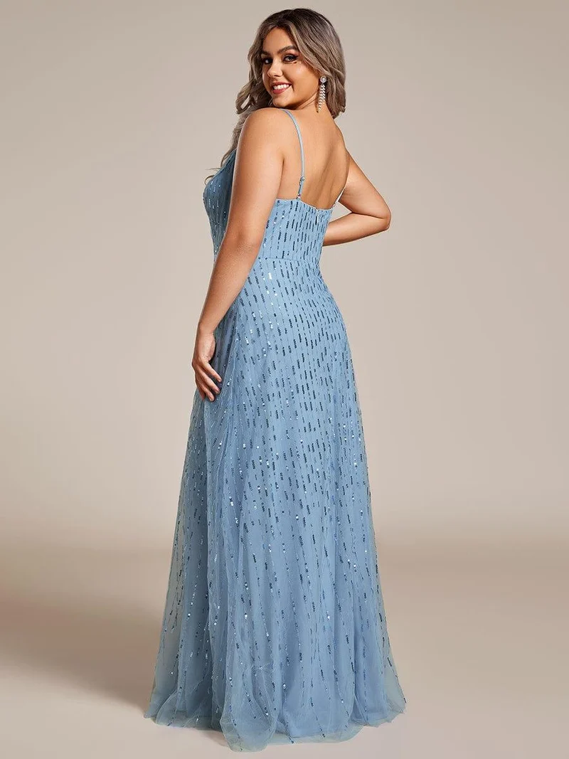 Robe de soirée taille haute à col en V profond et à paillettes ornée de bretelles spaghetti(Vente finale)