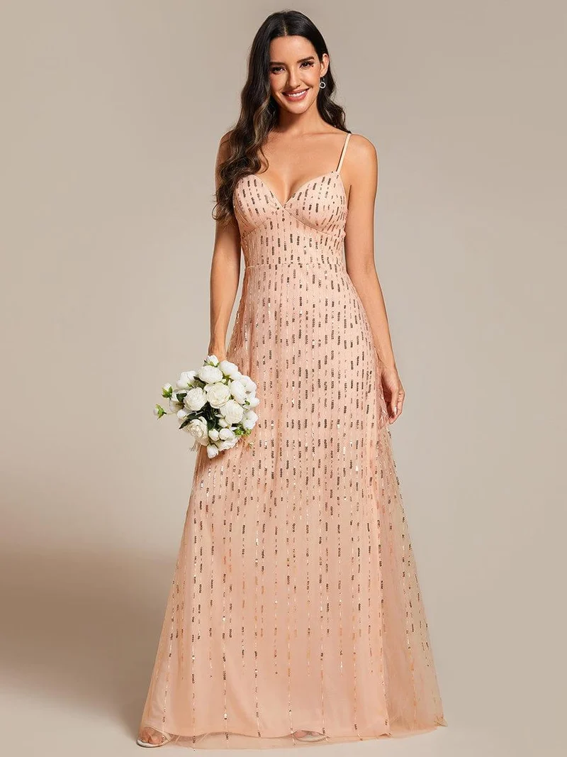 Robe de soirée taille haute à col en V profond et à paillettes ornée de bretelles spaghetti(Vente finale)