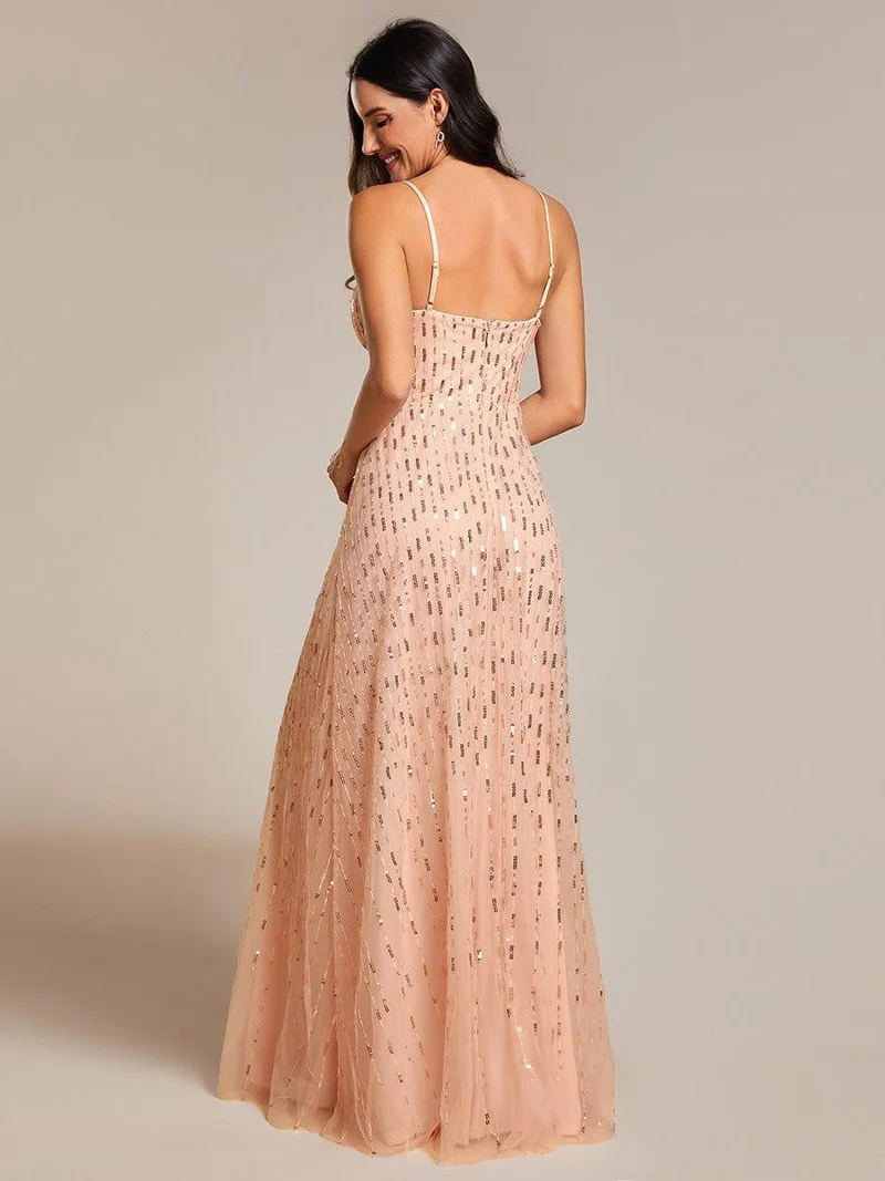 Robe de soirée taille haute à col en V profond et à paillettes ornée de bretelles spaghetti(Vente finale)