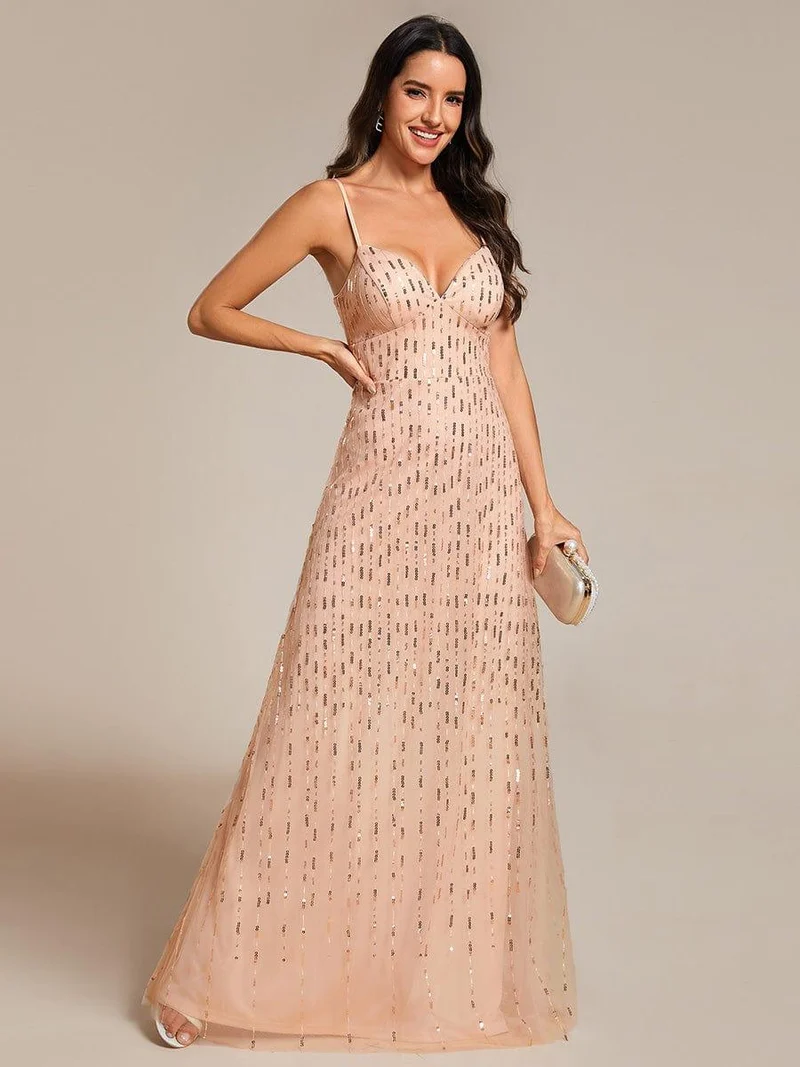 Robe de soirée taille haute à col en V profond et à paillettes ornée de bretelles spaghetti(Vente finale)