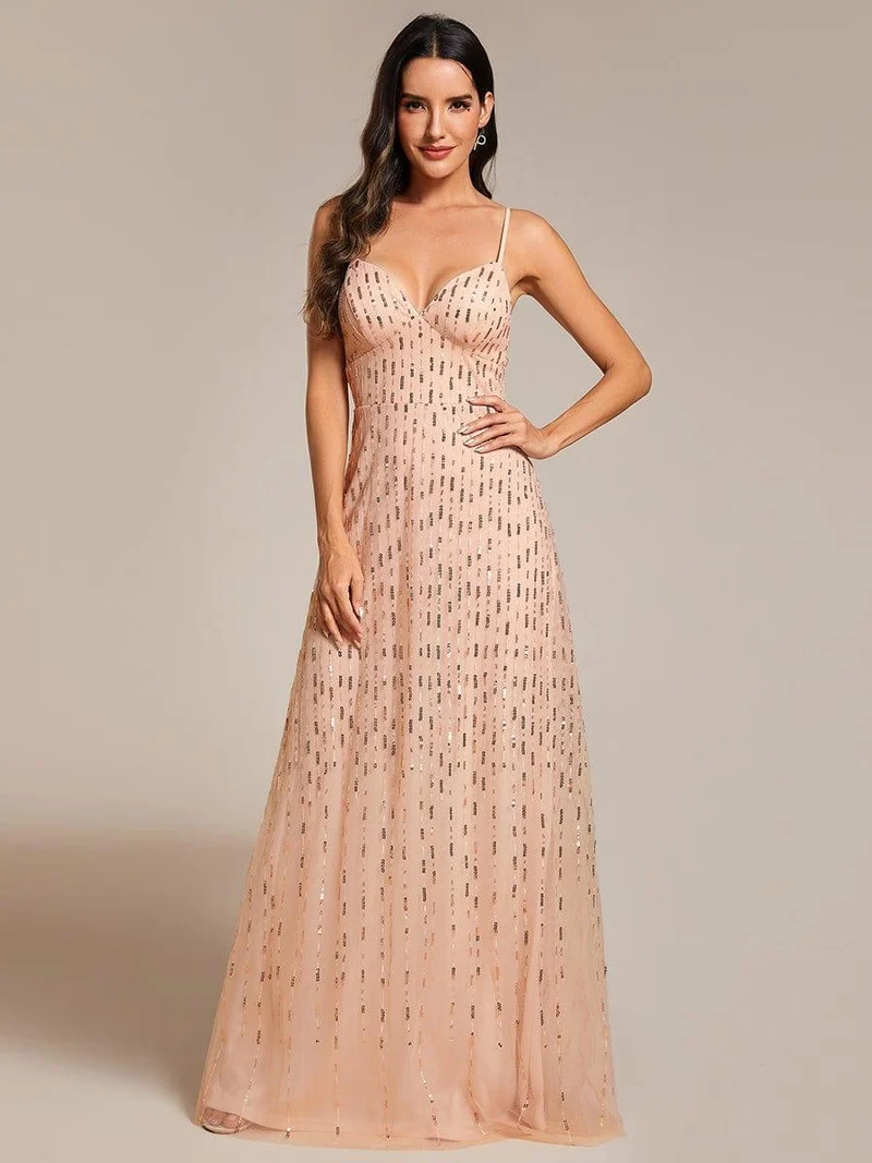 Robe de soirée taille haute à col en V profond et à paillettes ornée de bretelles spaghetti(Vente finale)