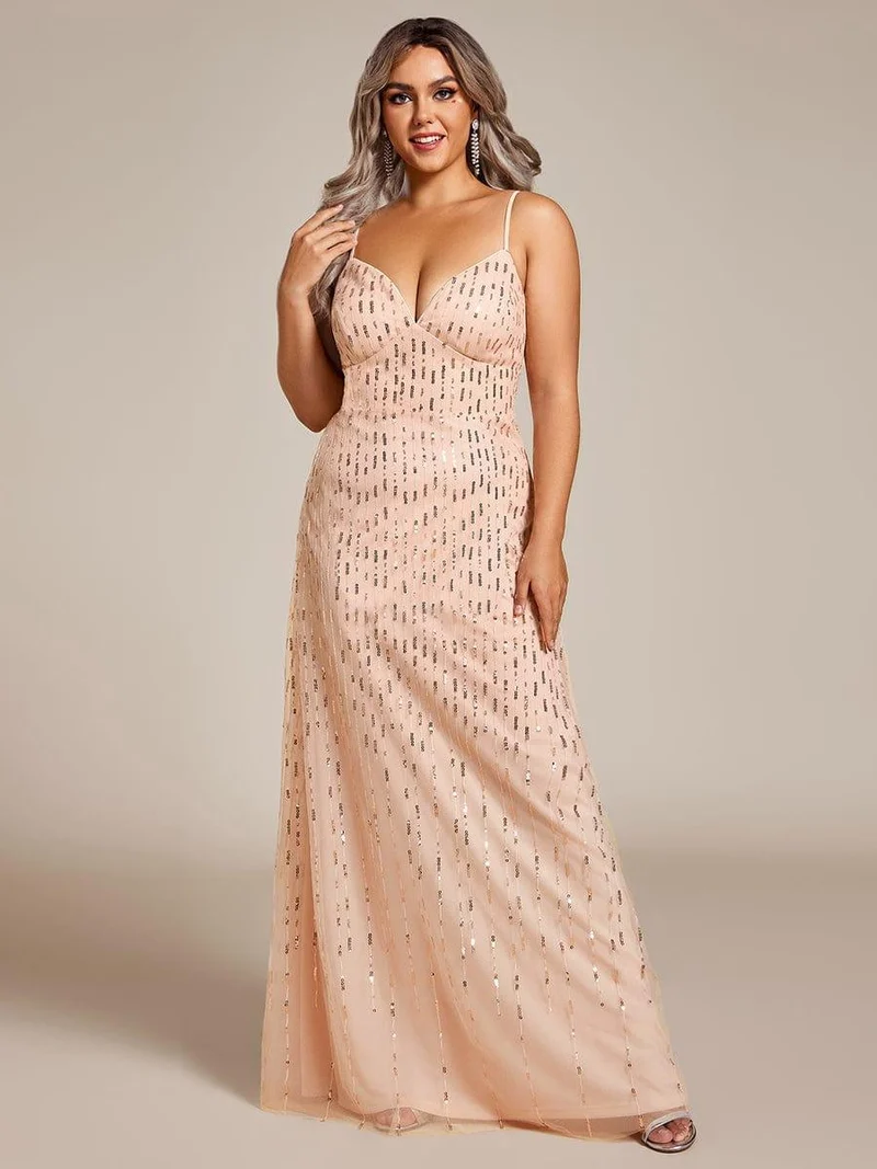 Robe de soirée taille haute à col en V profond et à paillettes ornée de bretelles spaghetti(Vente finale)