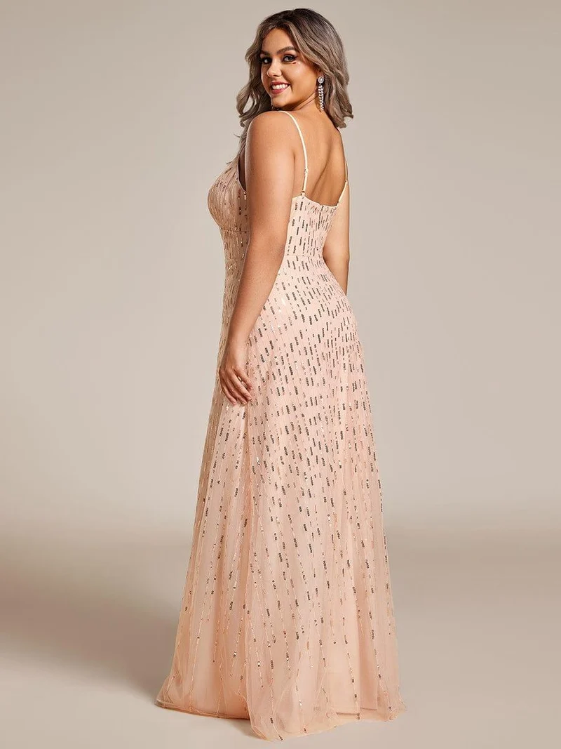 Robe de soirée taille haute à col en V profond et à paillettes ornée de bretelles spaghetti(Vente finale)