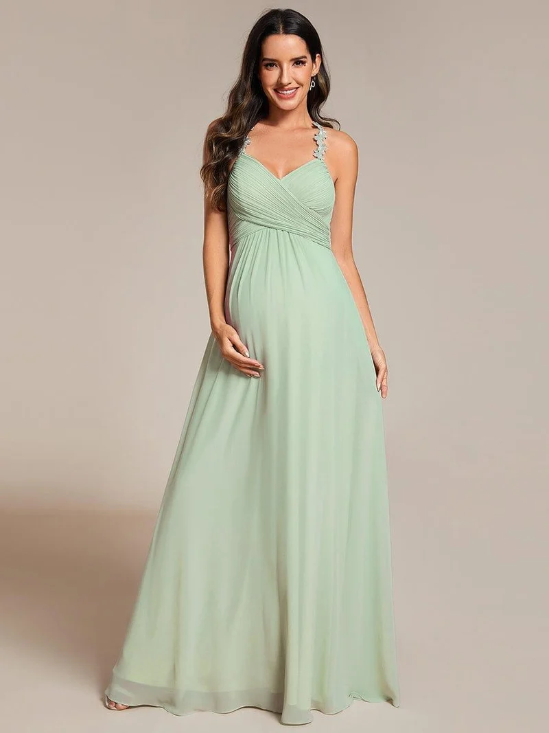 Robe de demoiselle d'honneur plissée dos nu à fleurs et col licou avec col en V