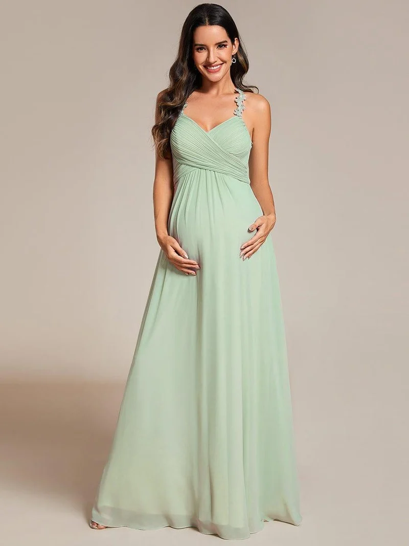 Robe de demoiselle d'honneur plissée dos nu à fleurs et col licou avec col en V