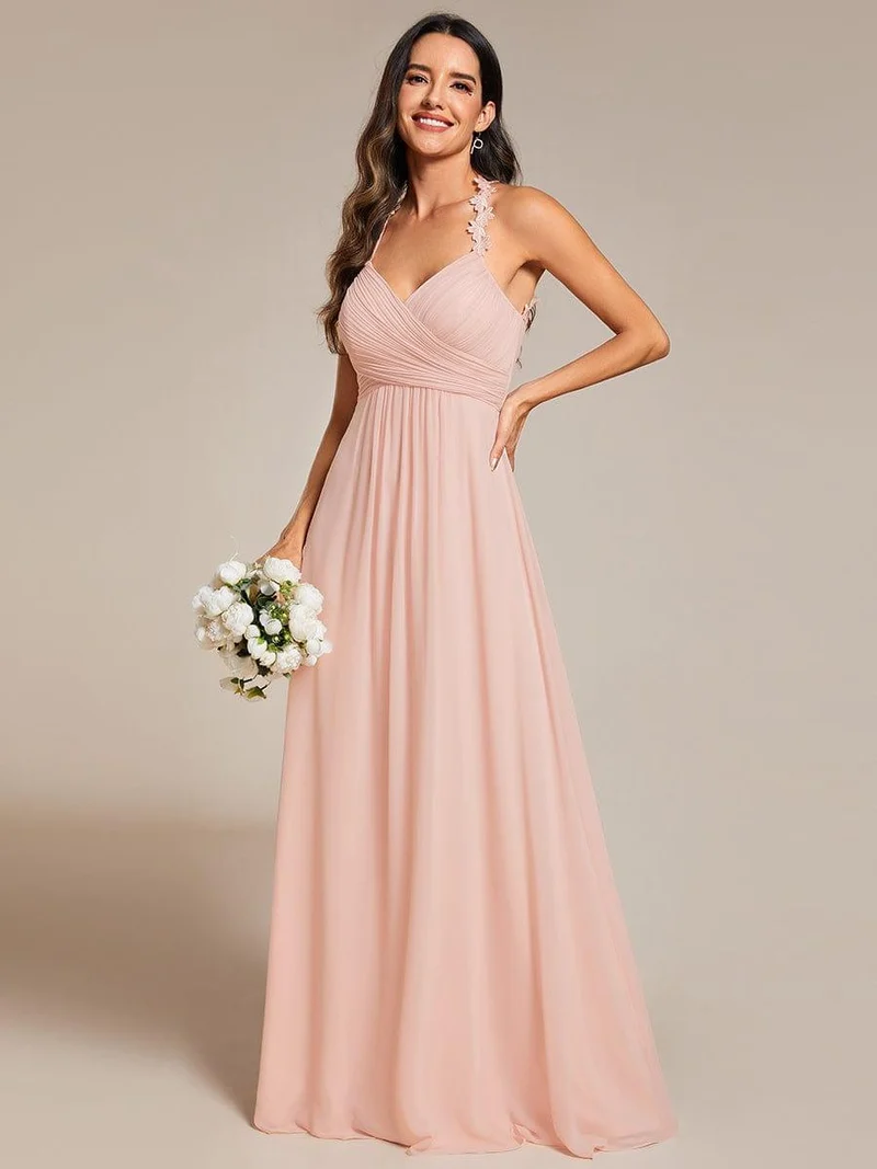 Robe de demoiselle d'honneur plissée dos nu à fleurs et col licou avec col en V