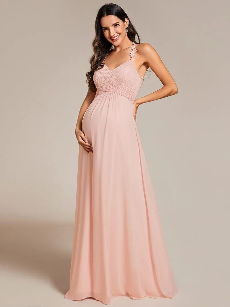Robe de demoiselle d'honneur plissée dos nu à fleurs et col licou avec col en V