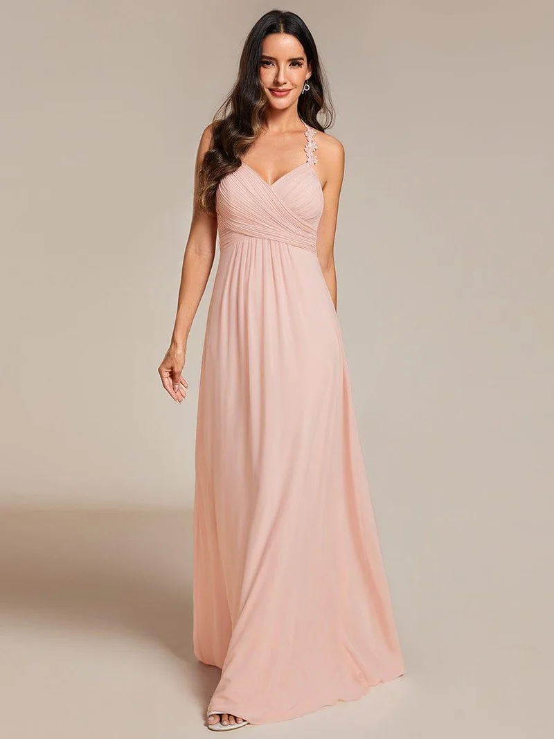 Robe de demoiselle d'honneur plissée dos nu à fleurs et col licou avec col en V