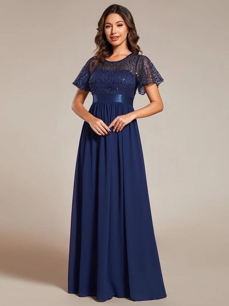Robe de soirée à manches courtes et col rond à sequins taille haute