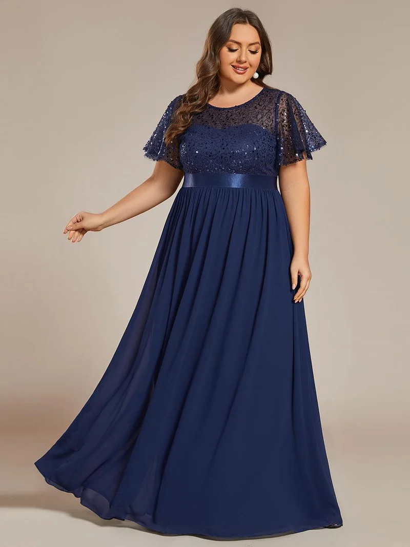 Robe de soirée à manches courtes et col rond à sequins taille haute
