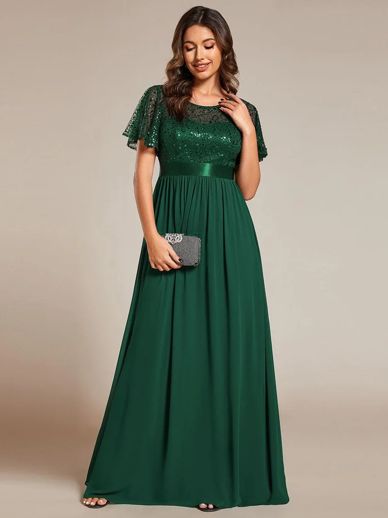 Robe de soirée à manches courtes et col rond à sequins taille haute