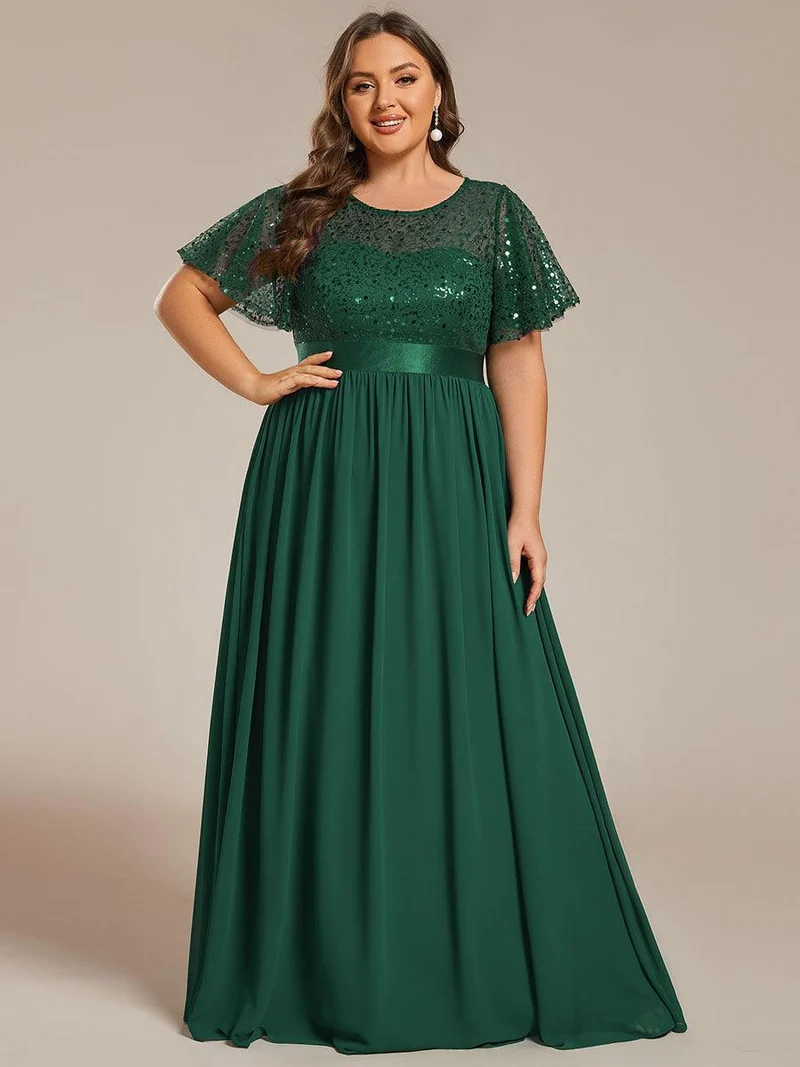 Robe de soirée à manches courtes et col rond à sequins taille haute