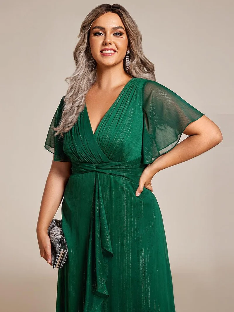 pretty OPAHL|Robe d'invité de mariage mi-longue trapèze à manches courtes et paillettes de grande taille avec ourlet à volants