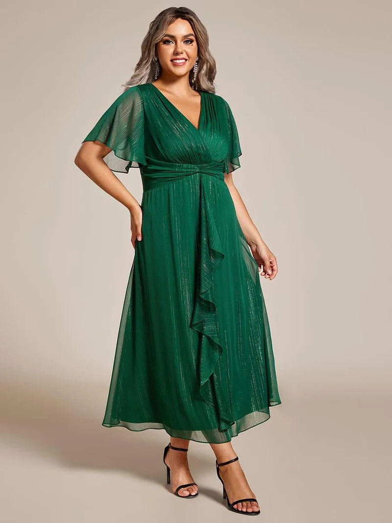 pretty OPAHL|Robe d'invité de mariage mi-longue trapèze à manches courtes et paillettes de grande taille avec ourlet à volants
