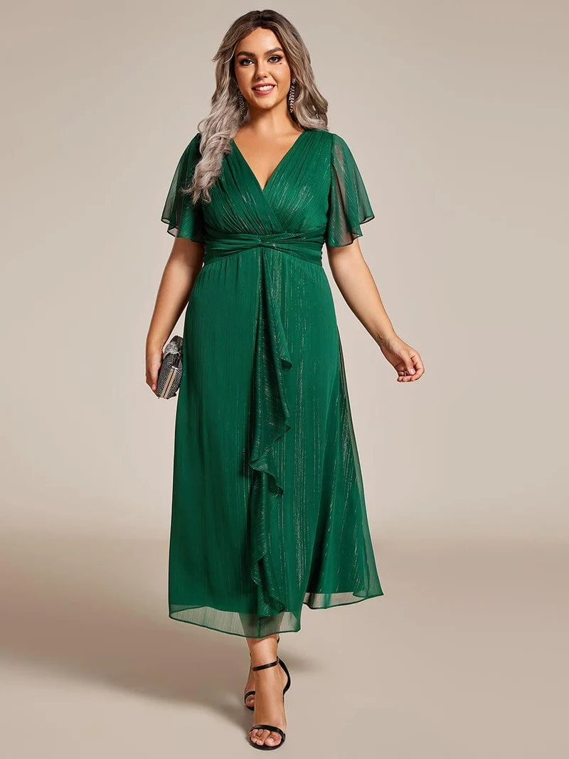 pretty OPAHL|Robe d'invité de mariage mi-longue trapèze à manches courtes et paillettes de grande taille avec ourlet à volants
