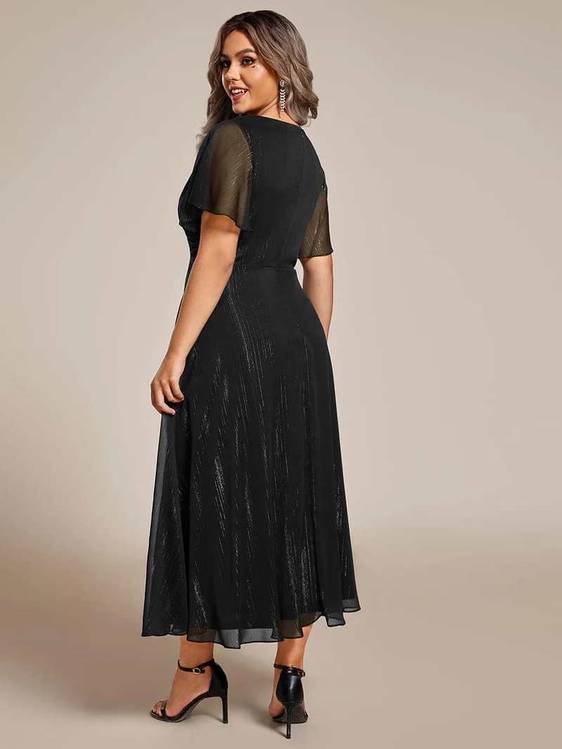 pretty OPAHL|Robe d'invité de mariage mi-longue trapèze à manches courtes et paillettes de grande taille avec ourlet à volants
