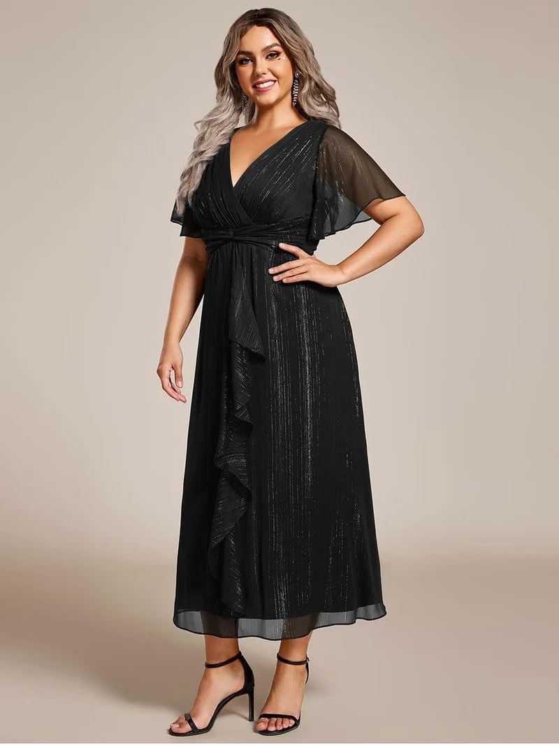 pretty OPAHL|Robe d'invité de mariage mi-longue trapèze à manches courtes et paillettes de grande taille avec ourlet à volants