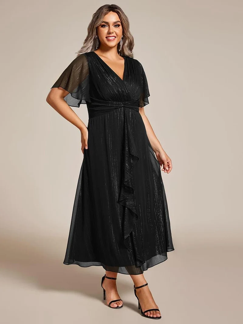 pretty OPAHL|Robe d'invité de mariage mi-longue trapèze à manches courtes et paillettes de grande taille avec ourlet à volants