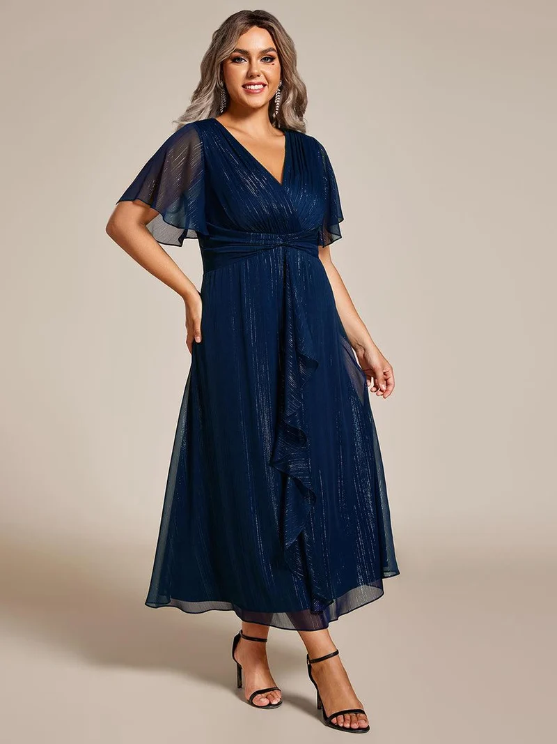 pretty OPAHL|Robe d'invité de mariage mi-longue trapèze à manches courtes et paillettes de grande taille avec ourlet à volants