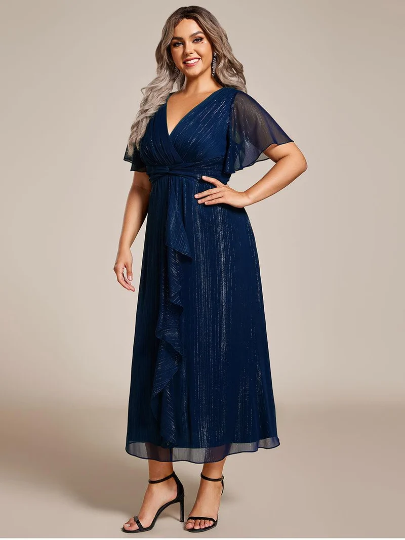 pretty OPAHL|Robe d'invité de mariage mi-longue trapèze à manches courtes et paillettes de grande taille avec ourlet à volants