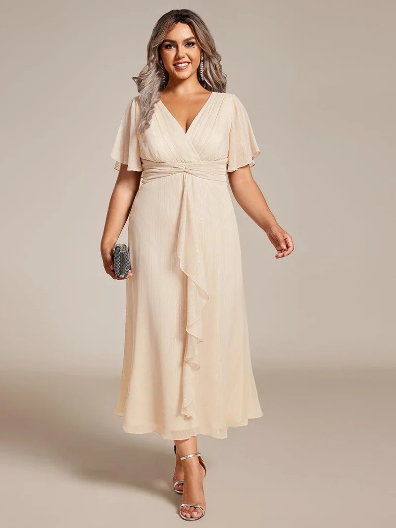 pretty OPAHL|Robe d'invité de mariage mi-longue trapèze à manches courtes et paillettes de grande taille avec ourlet à volants