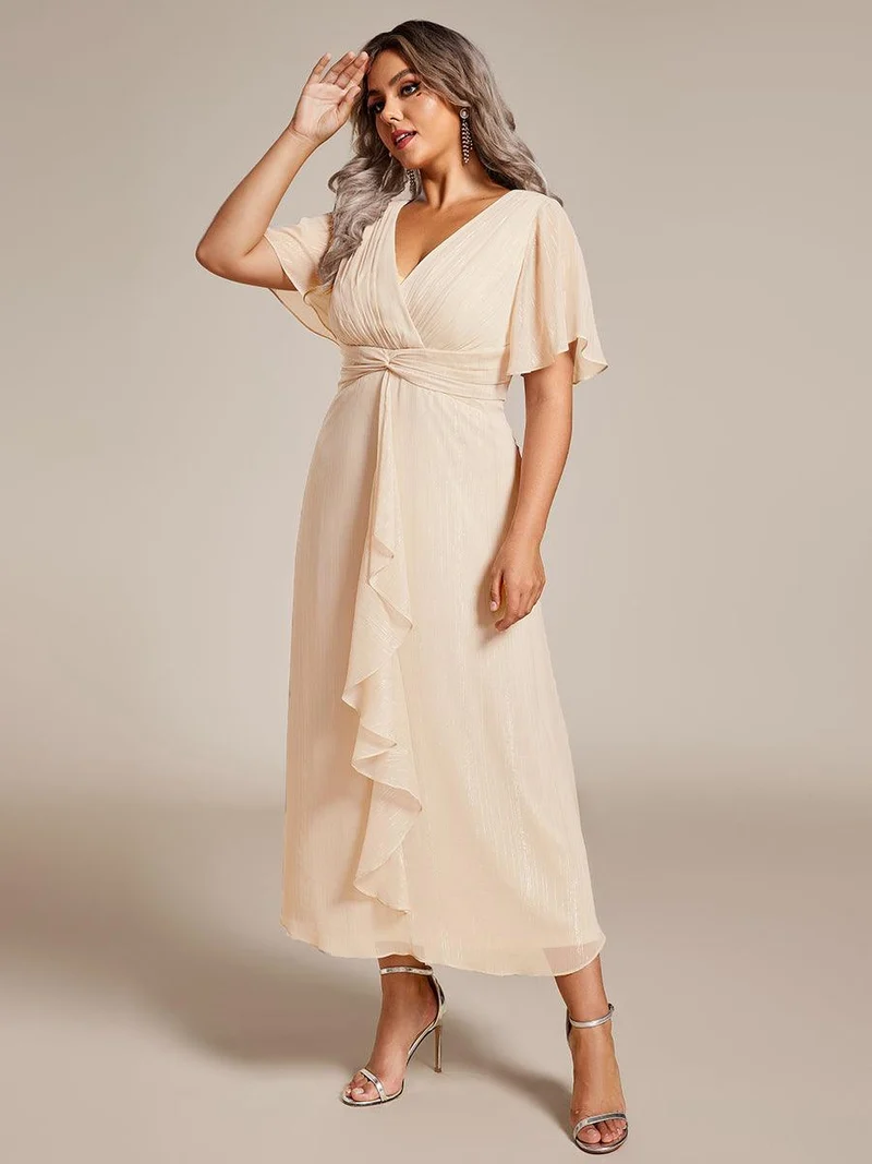 pretty OPAHL|Robe d'invité de mariage mi-longue trapèze à manches courtes et paillettes de grande taille avec ourlet à volants