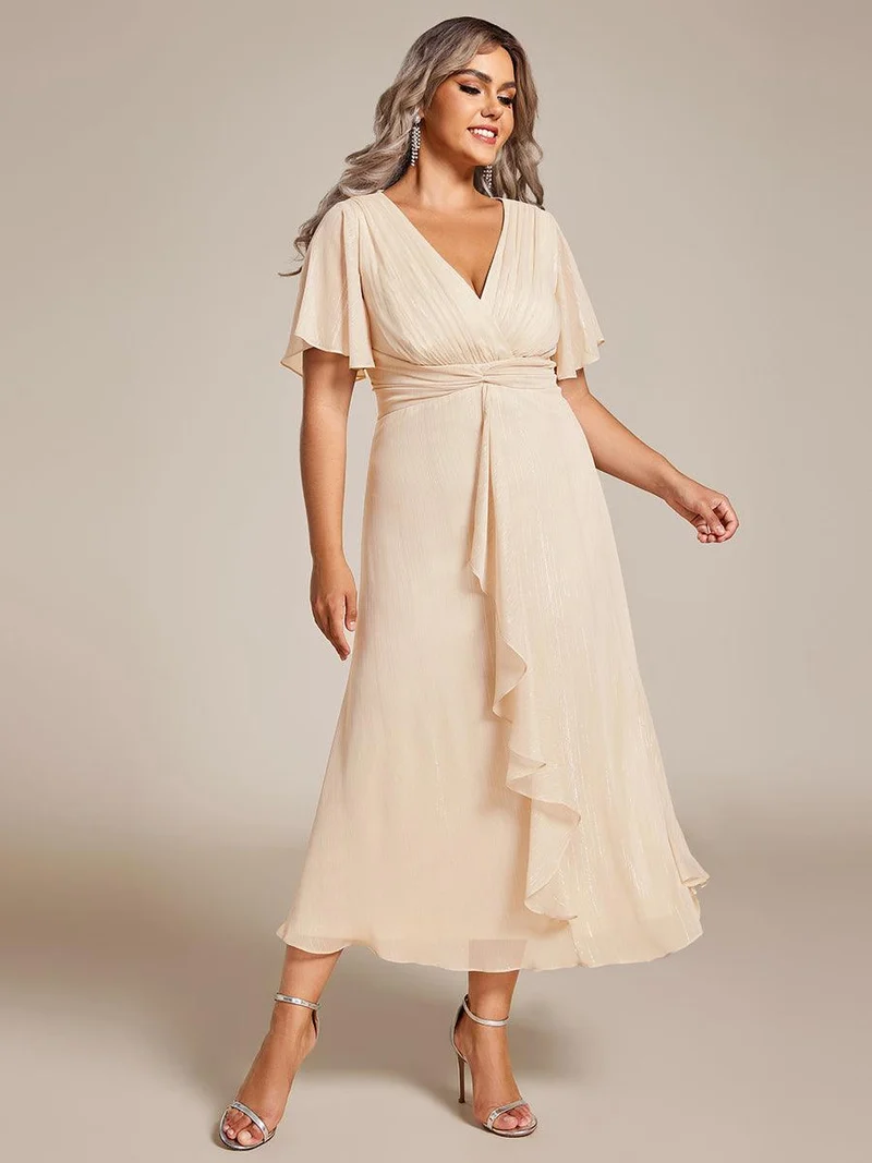pretty OPAHL|Robe d'invité de mariage mi-longue trapèze à manches courtes et paillettes de grande taille avec ourlet à volants