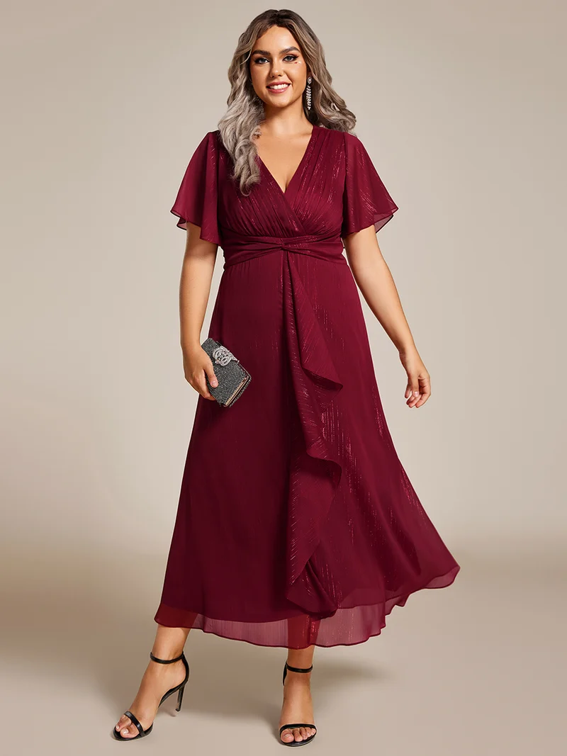 pretty OPAHL|Robe d'invité de mariage mi-longue trapèze à manches courtes et paillettes de grande taille avec ourlet à volants