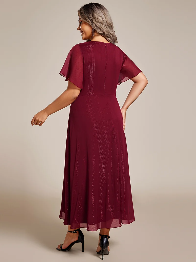 pretty OPAHL|Robe d'invité de mariage mi-longue trapèze à manches courtes et paillettes de grande taille avec ourlet à volants