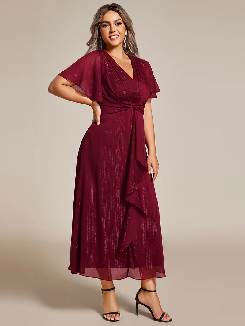 pretty OPAHL|Robe d'invité de mariage mi-longue trapèze à manches courtes et paillettes de grande taille avec ourlet à volants