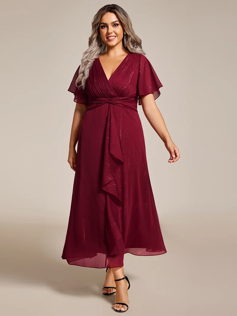 pretty OPAHL|Robe d'invité de mariage mi-longue trapèze à manches courtes et paillettes de grande taille avec ourlet à volants