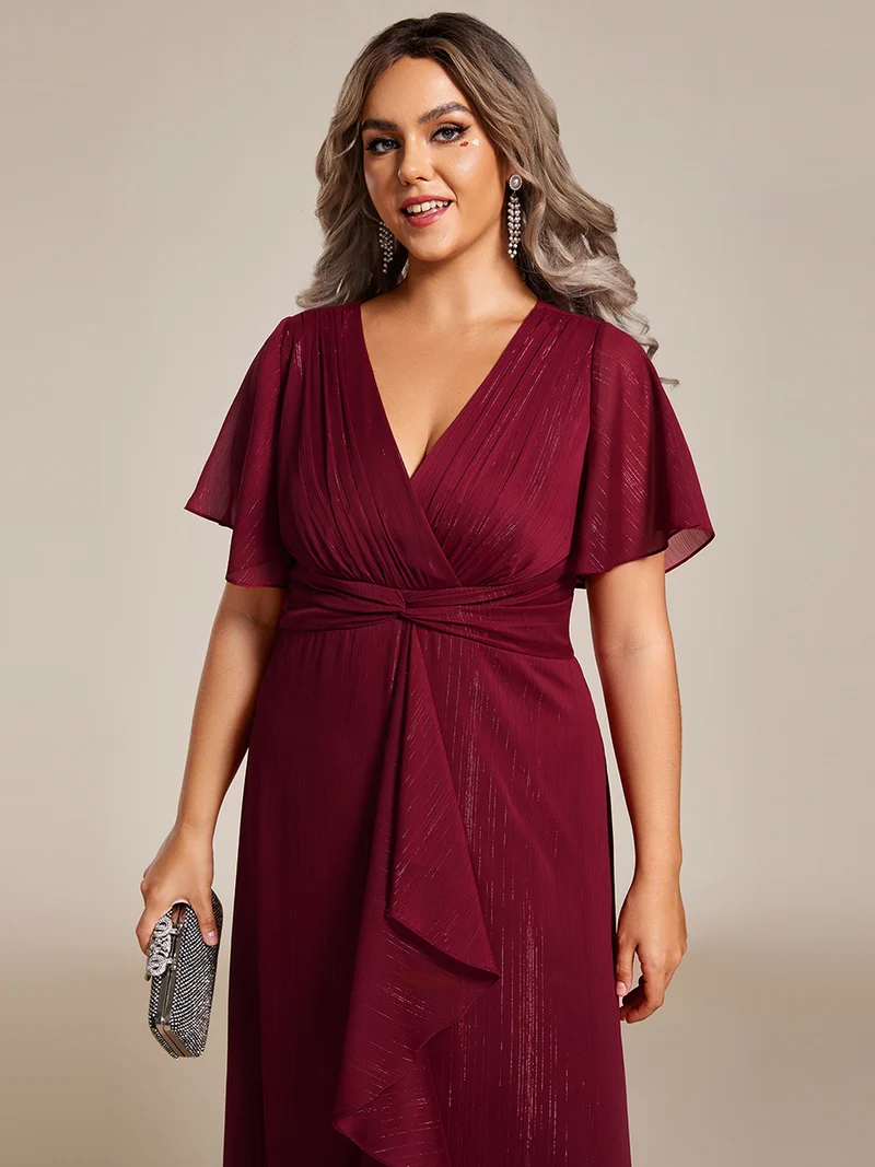 pretty OPAHL|Robe d'invité de mariage mi-longue trapèze à manches courtes et paillettes de grande taille avec ourlet à volants