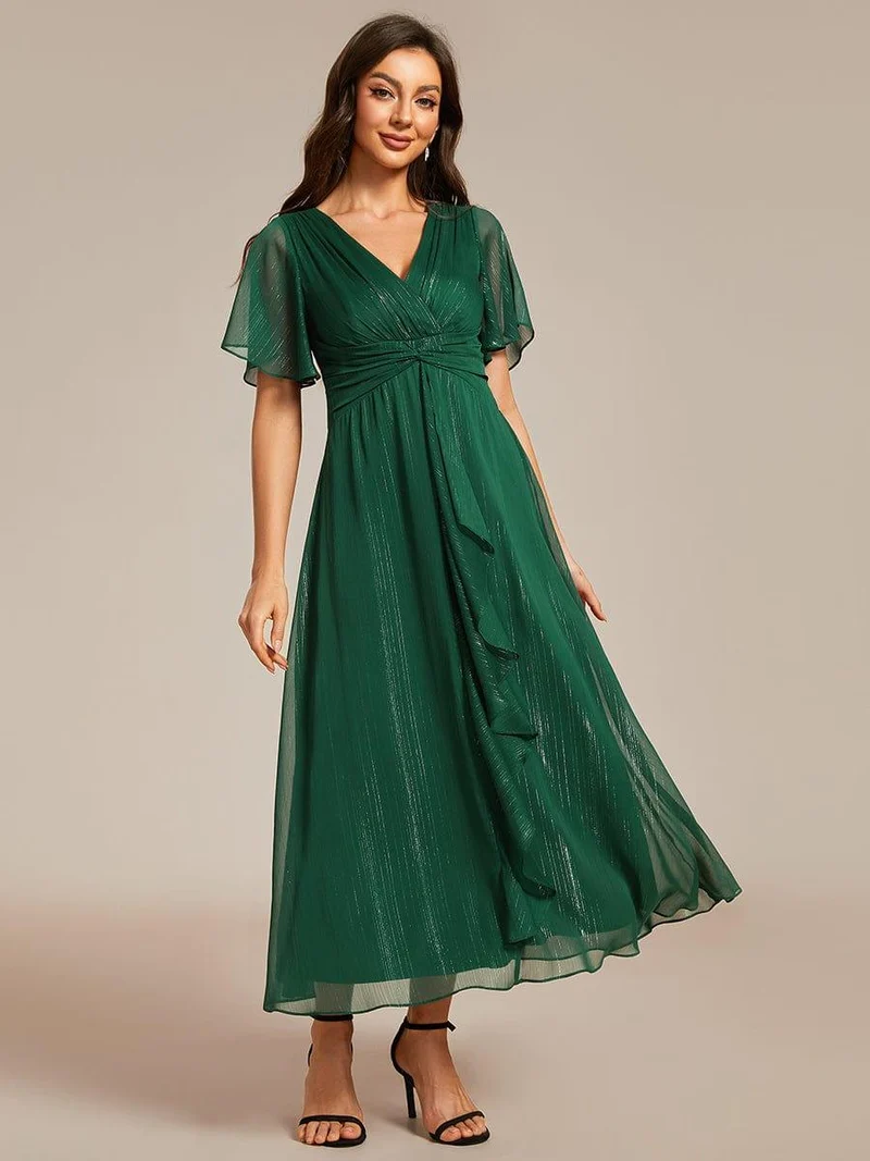 ever OPAHL|Robe d'invité de mariage mi-longue trapèze à manches courtes et paillettes avec ourlet à volants