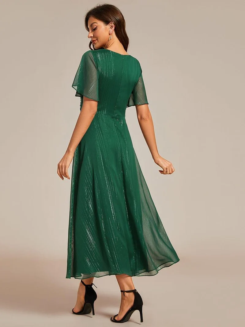ever OPAHL|Robe d'invité de mariage mi-longue trapèze à manches courtes et paillettes avec ourlet à volants