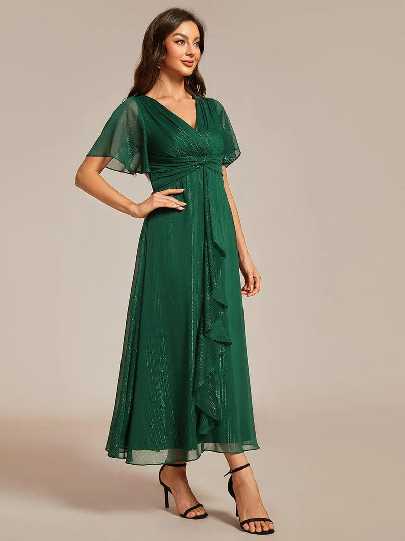 ever OPAHL|Robe d'invité de mariage mi-longue trapèze à manches courtes et paillettes avec ourlet à volants