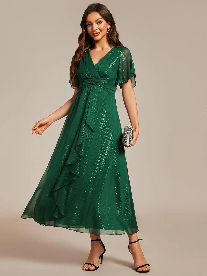 ever OPAHL|Robe d'invité de mariage mi-longue trapèze à manches courtes et paillettes avec ourlet à volants