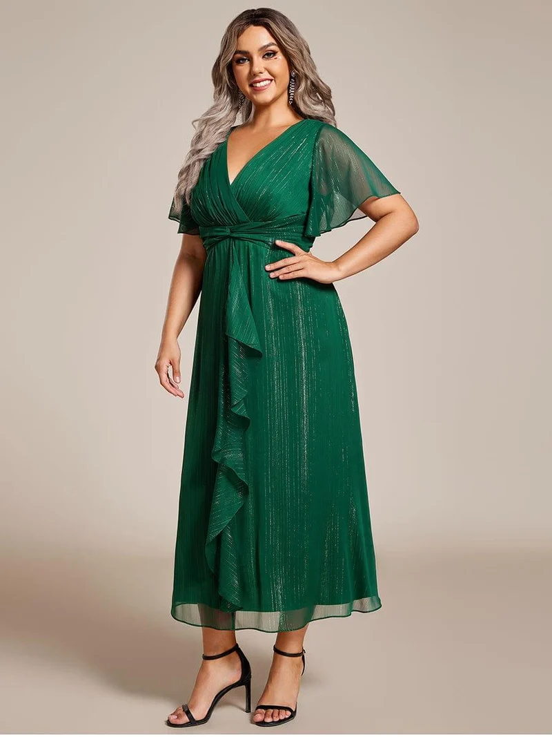 ever OPAHL|Robe d'invité de mariage mi-longue trapèze à manches courtes et paillettes avec ourlet à volants