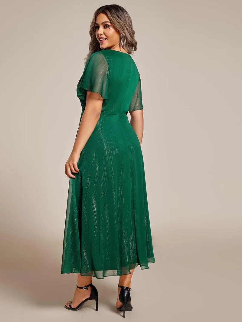 ever OPAHL|Robe d'invité de mariage mi-longue trapèze à manches courtes et paillettes avec ourlet à volants