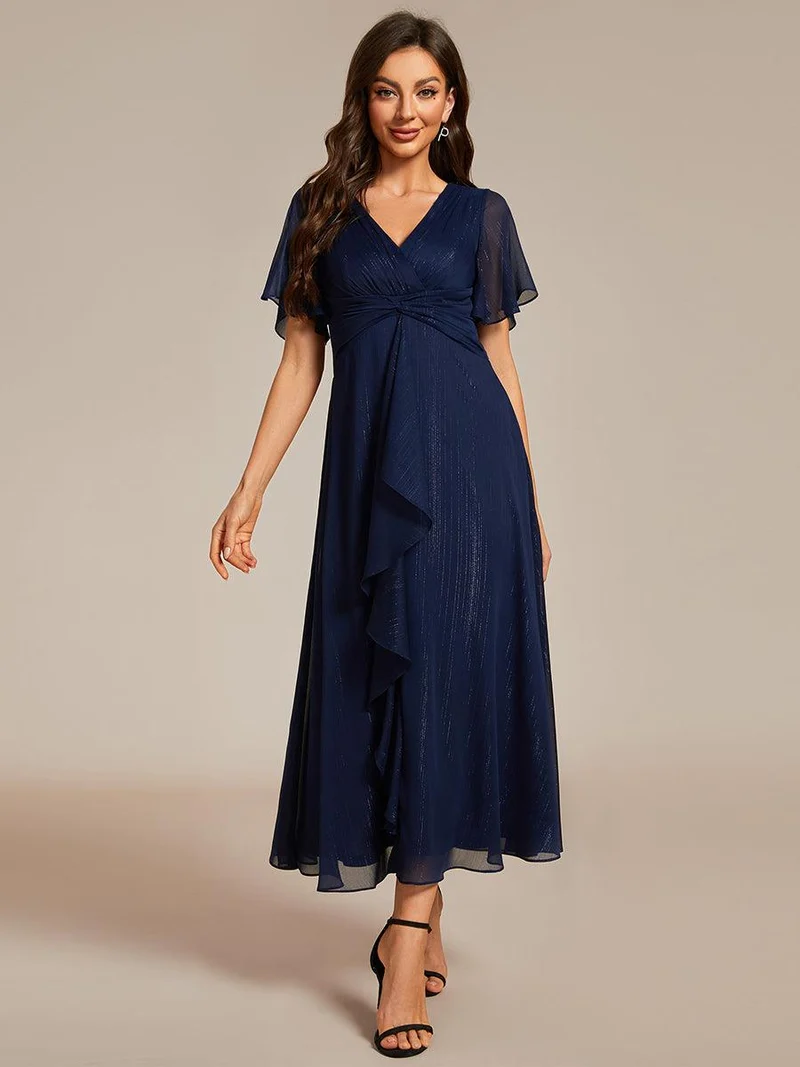 ever OPAHL|Robe d'invité de mariage mi-longue trapèze à manches courtes et paillettes avec ourlet à volants