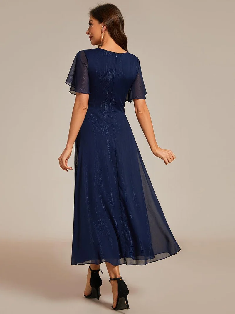 ever OPAHL|Robe d'invité de mariage mi-longue trapèze à manches courtes et paillettes avec ourlet à volants