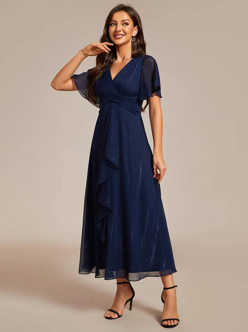 ever OPAHL|Robe d'invité de mariage mi-longue trapèze à manches courtes et paillettes avec ourlet à volants