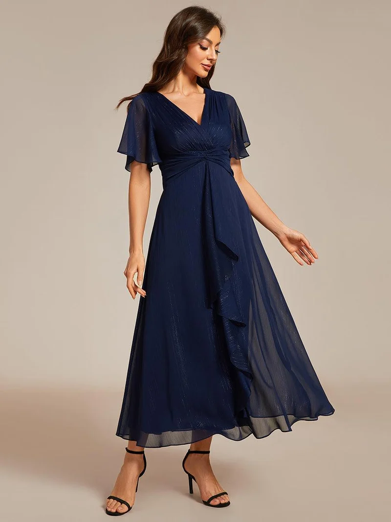 ever OPAHL|Robe d'invité de mariage mi-longue trapèze à manches courtes et paillettes avec ourlet à volants