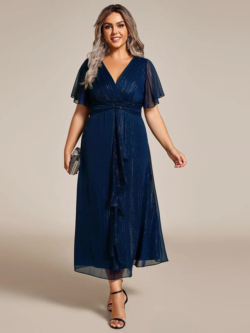 ever OPAHL|Robe d'invité de mariage mi-longue trapèze à manches courtes et paillettes avec ourlet à volants
